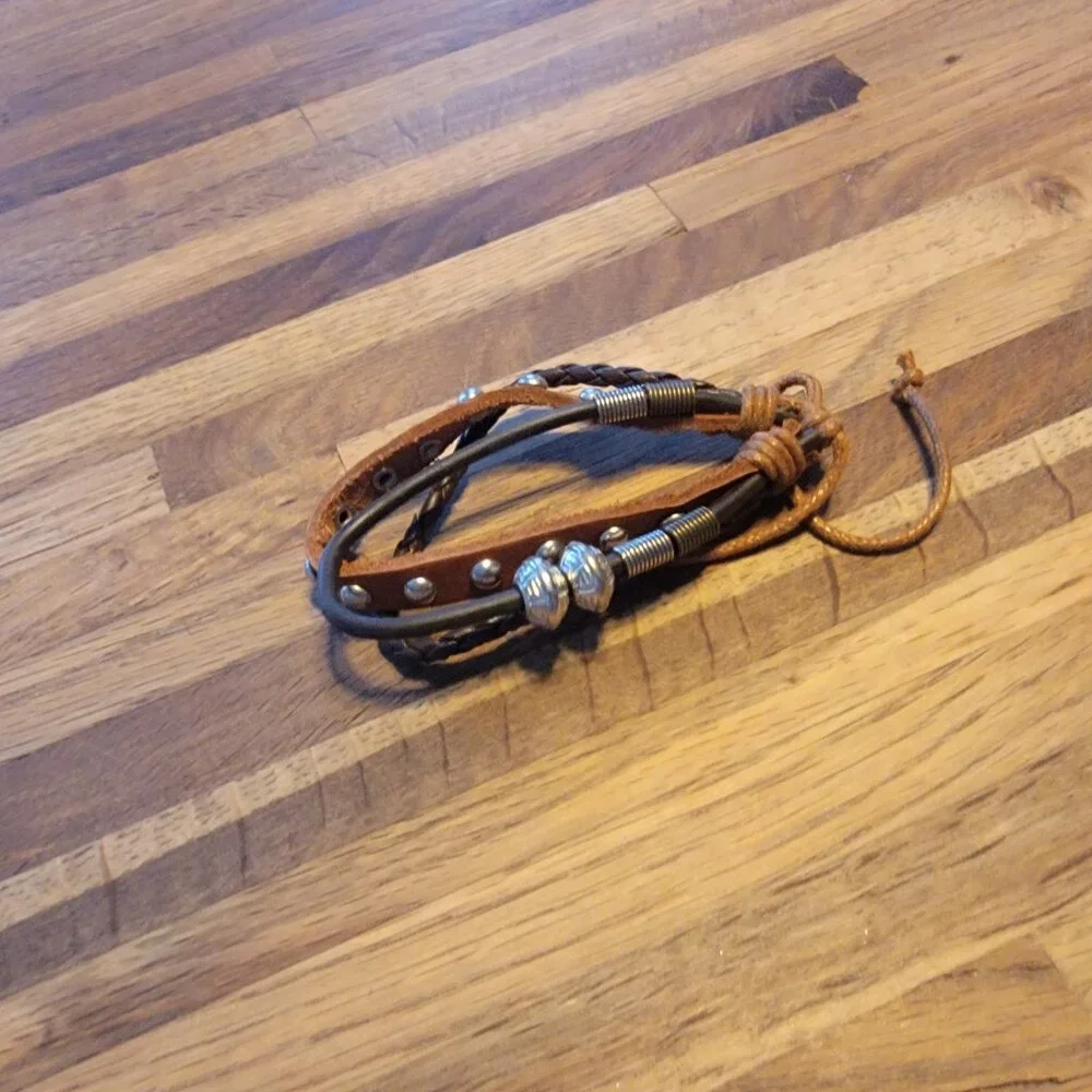 Triple Banded Leather/Corded Boho Metal Stud Adjustable Bracelet